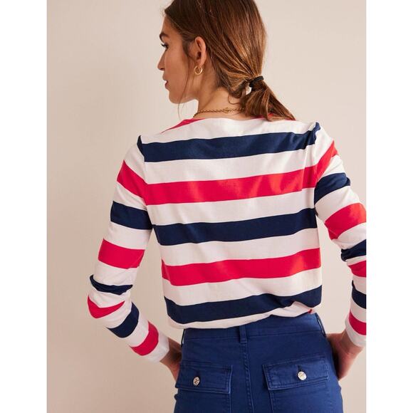Boden Bea Breton Long Sleeve T-Shirt Cherry Red Navy White Cotton Size 4 - Picture 2 of 8